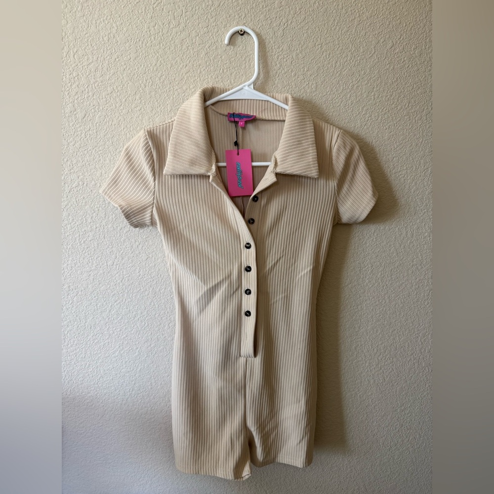Edikted Tan Ribbed Button-Up Romper